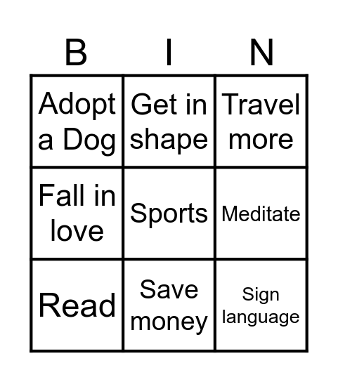 New Year's Resolutions Bingo Card