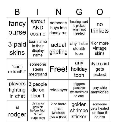 dandys Bingo Card
