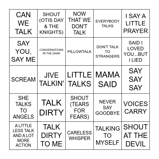 VOCALS Bingo Card