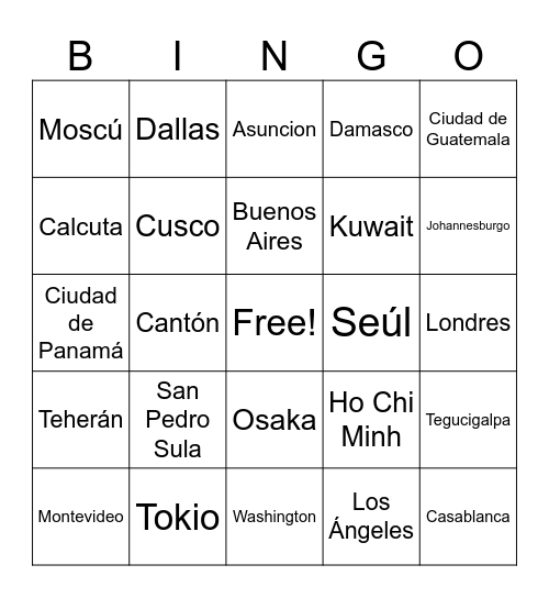 cities Bingo Card