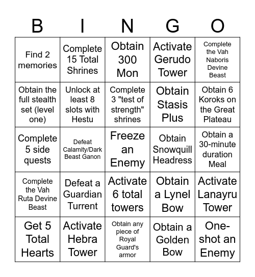 Breath of the Wild Goal Card Bingo Card