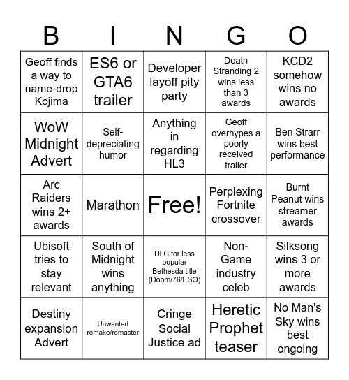 Game Awards 2025 Bingo Card