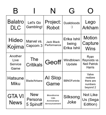 Game Awards 2025 Bingo Card