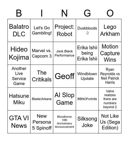 Game Awards 2025 Bingo Card