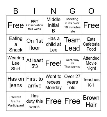 Lee Staff Bingo PPft Bingo Card