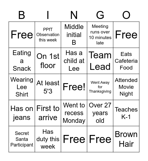 Lee Staff Bingo PPft Bingo Card
