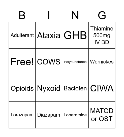 Drug and Alcohol Bingo Card
