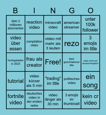 Youtube bingo Card