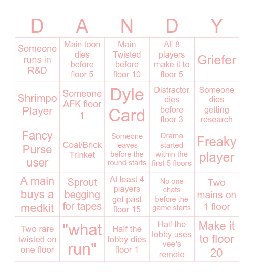 Dandy's World Matchmaking Bingo Card