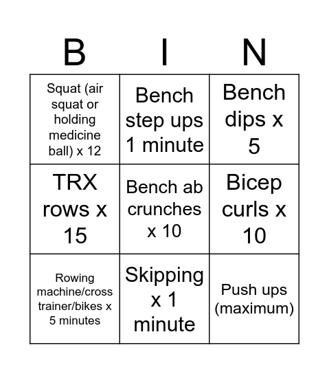 Fitness bingo Card