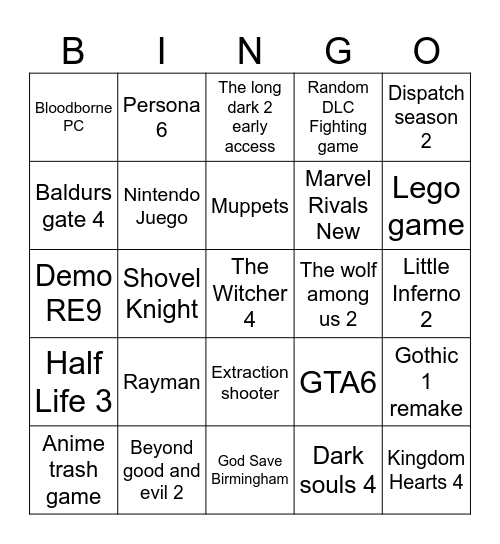 Games Awards 2025 Bingo Card