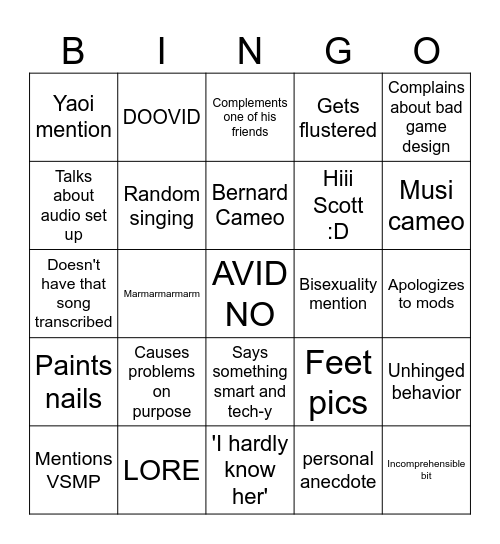 Avid Stream Bingo Card