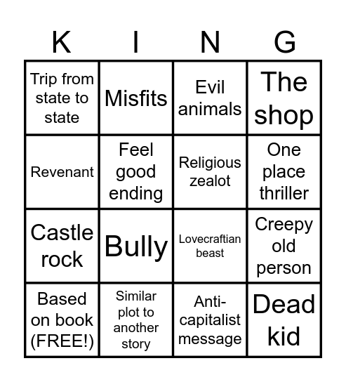 Stephen King bingo Card