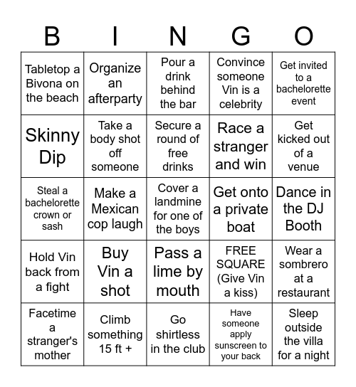 Vin's Bachelor Party Bingo Card