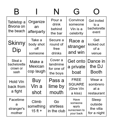 Vin's Bachelor Party Bingo Card