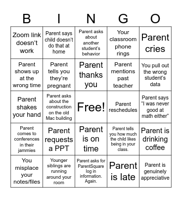 Parent Teacher Conference Bingo Card