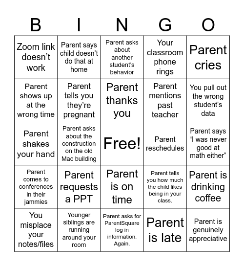 Parent Teacher Conference Bingo Card