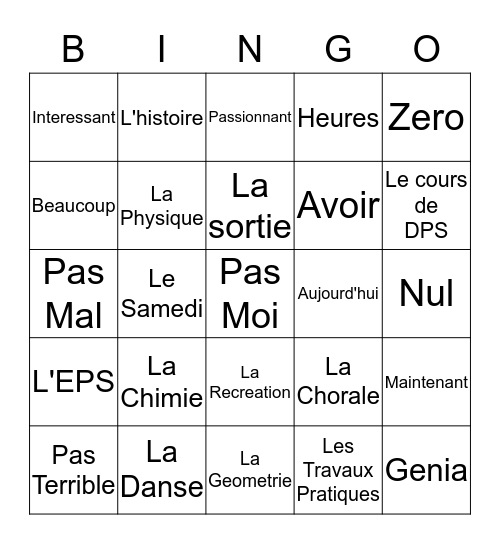 Vive L'ecole! Bingo Card