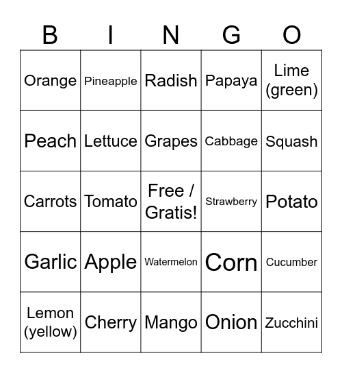 Fuit and Veggies Bingo Card
