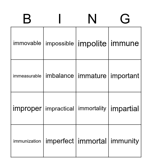 Prefix: ____________ Bingo Card
