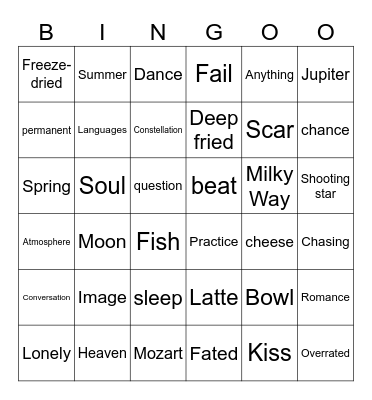 Song Lyrics Bingo Card
