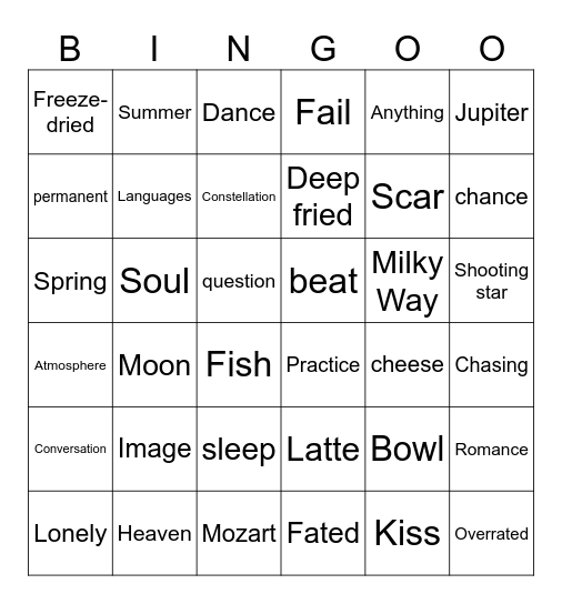 Song Lyrics Bingo Card
