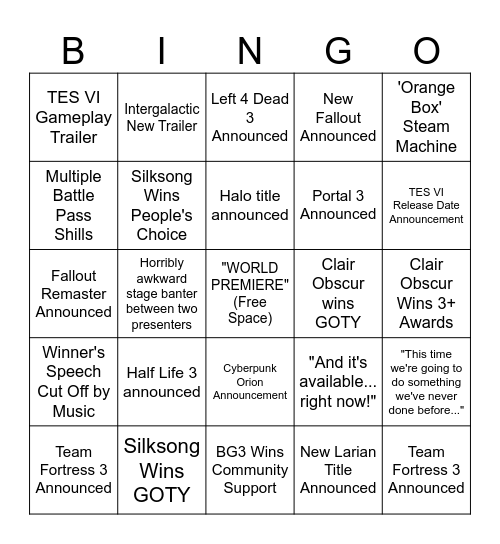 Game Awards 2025 Bingo Card
