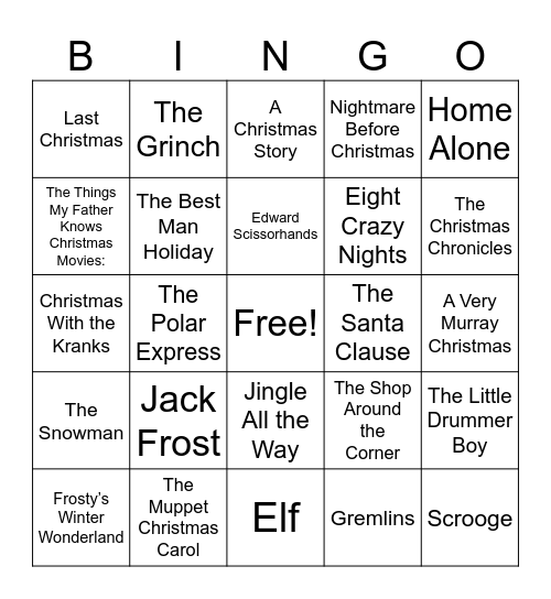 Christmas Movie Bingo Card