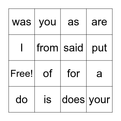 Sight Words Bingo Card