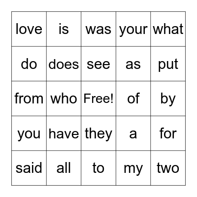 Sight Words Bingo Card