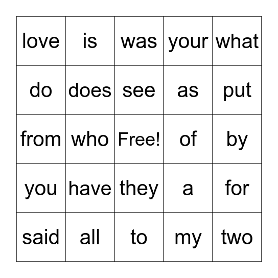 Sight Words Bingo Card