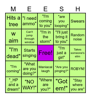 Cheeky Meesh Fortnite Stream Bingo Card