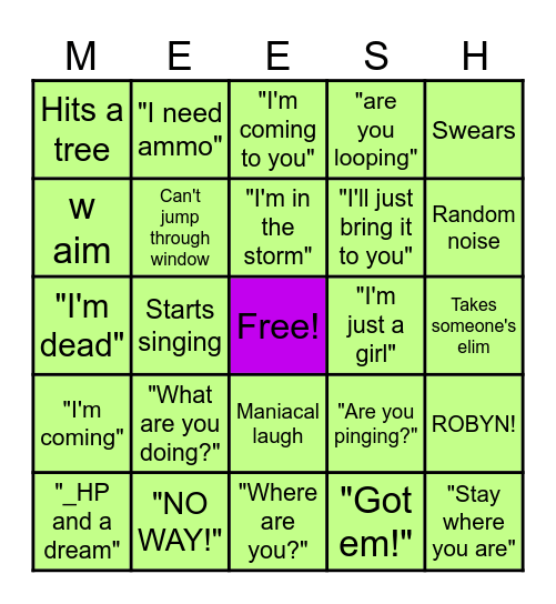 Cheeky Meesh Fortnite Stream Bingo Card
