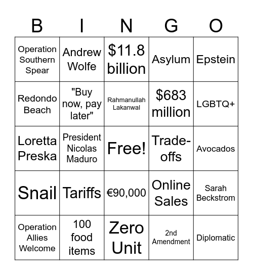 Current Event Bingo Card