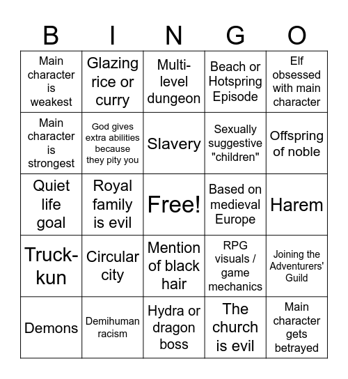 Every Isekai Ever Bingo Card