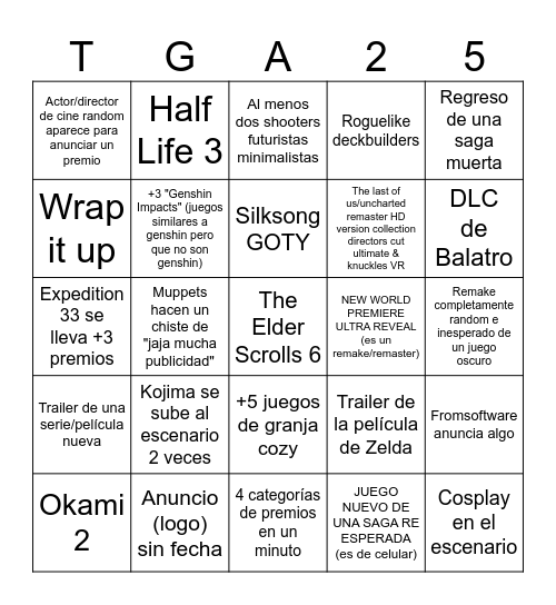 Bingo oficial de los game awards 2025 Bingo Card