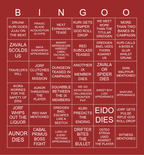 DESTINY 2: RENEGADES Bingo Card