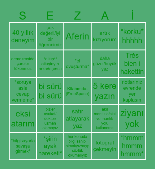 Sezai Hoca Bingo Card
