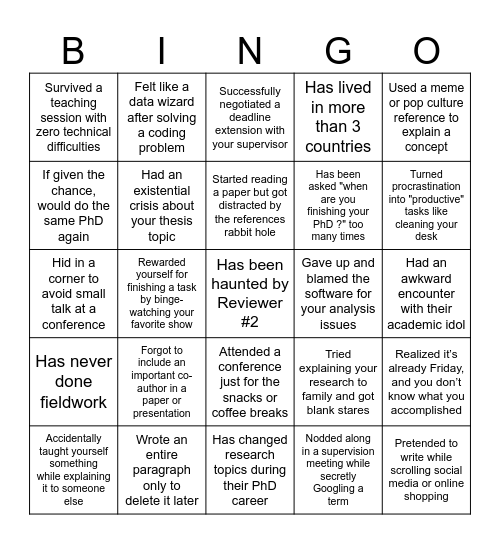 PhD Bingo Card