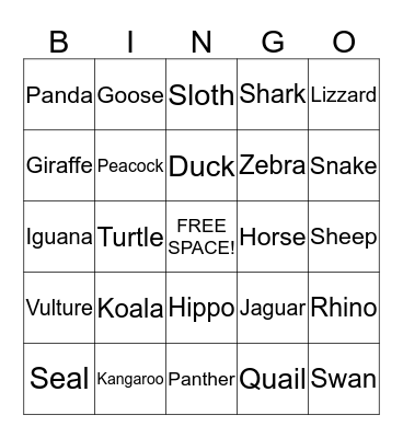 Animals Bingo Card