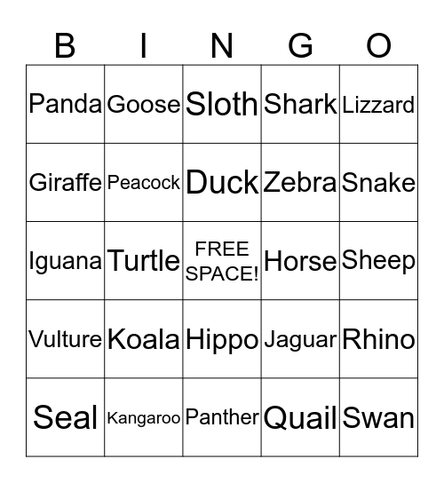 Animals Bingo Card