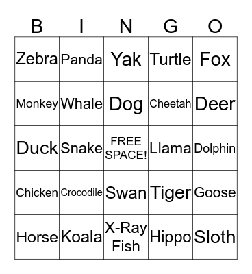 Animals Bingo Card