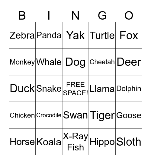 Animals Bingo Card