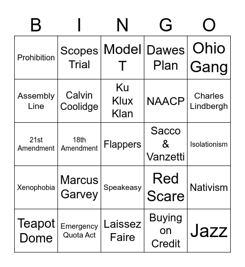 1920s Bingo Card