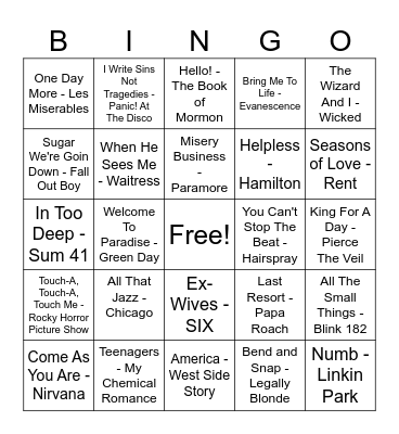 DISCO BINGO - Emo v Musicals Bingo Card