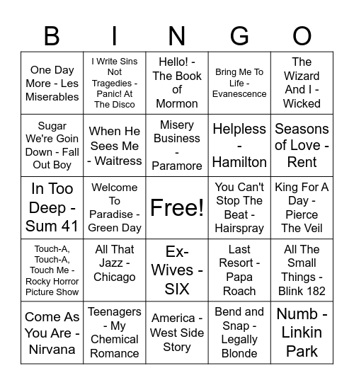 DISCO BINGO - Emo v Musicals Bingo Card