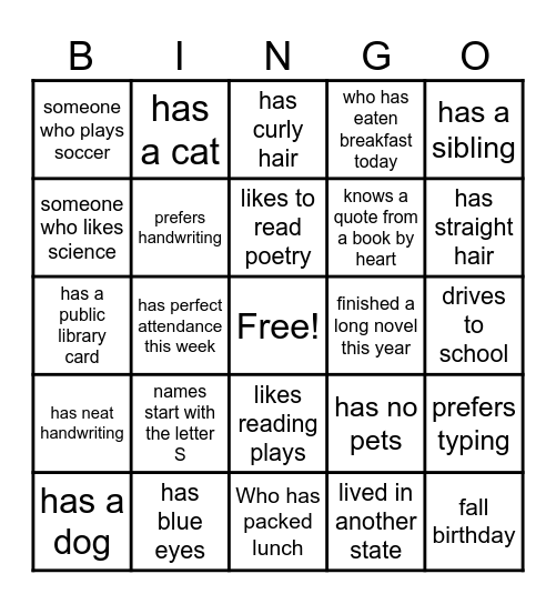 NEHS INDUCTEE BINGO CARDS Bingo Card