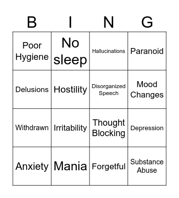 Symptoms Bingo Card