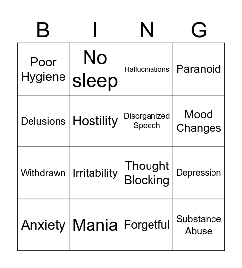 Symptoms Bingo Card