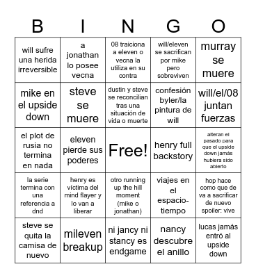 STRANGER THINGS FINALE Bingo Card